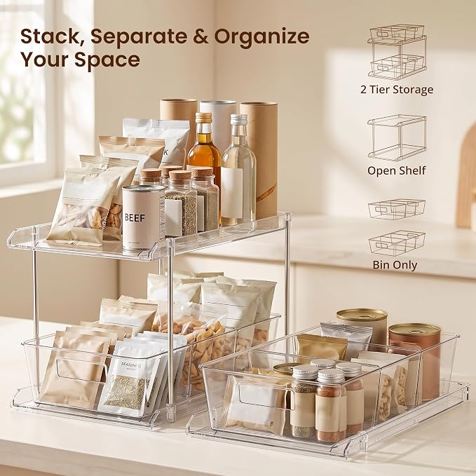 Fabspace Bathroom Under Sink Organizers and Storage, 2 Tier, 1 Pack | Clear Vanity Countertop Pull-out Cabinet Organizer, Stackable Multi-Purpose Kitchen Pantry Organization with Dividers