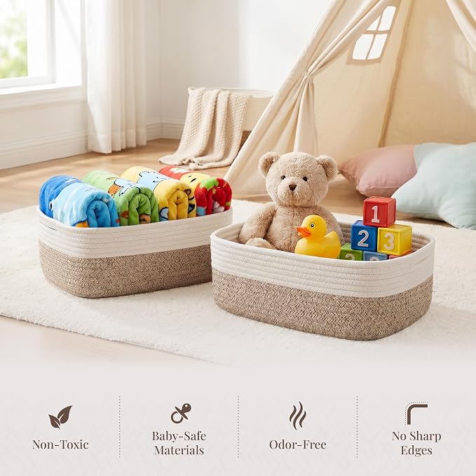 Storage Baskets for Shelves, 5 Pack, 2 Sizes Organizer Bins | Woven Cotton Rope Baskets, 3 Large + 2 Small Shallow Storage Bins for Nursery, Closet, Toys, Bathroom & Changing Table