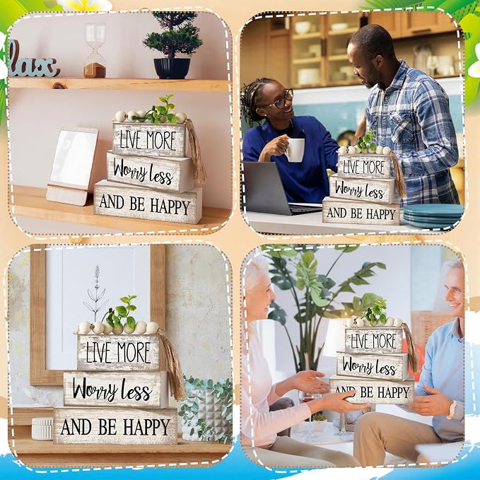 Moucuny 4 Pcs Inspirational Farmhouse Table Decor Rustic Stacked Wooden Block Sign - Live More Worry Less Be Happy Centerpieces Set with Beaded Tassel and Artificial Plant for Home, Office, Shelf Gift