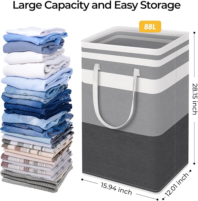 HomeHacks 2-Pack Large Laundry Basket, Waterproof, Freestanding Laundry Hamper, Collapsible Tall Clothes Hamper with Extended Handles for Clothes Toys in the Dorm and Family Gradient Grey, 88L | Waterproof, Freestanding, Collapsible Clothes Hamper with...