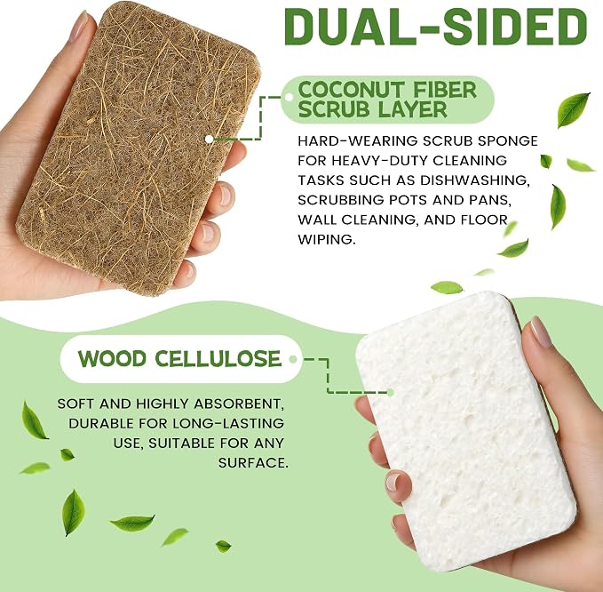 Natural Kitchen Sponges-12 Pack, Cellulose & Coconut Scrubber Dish Sponges | Biodegradable, Non-Scratch Cleaning, Plant-based, Compostable, Eco-Friendly, Sponges for Dishes, Pans, Pots