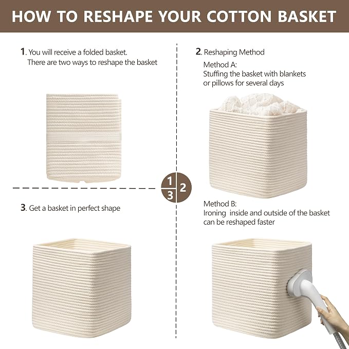 joybest 11inch Cube Storage Bins, Cotton Rope Woven Organizer Basket | Set of 4 Cube Bin Square Shelves Organizer Closet Storage, Nursery, Toy Organization, Beige