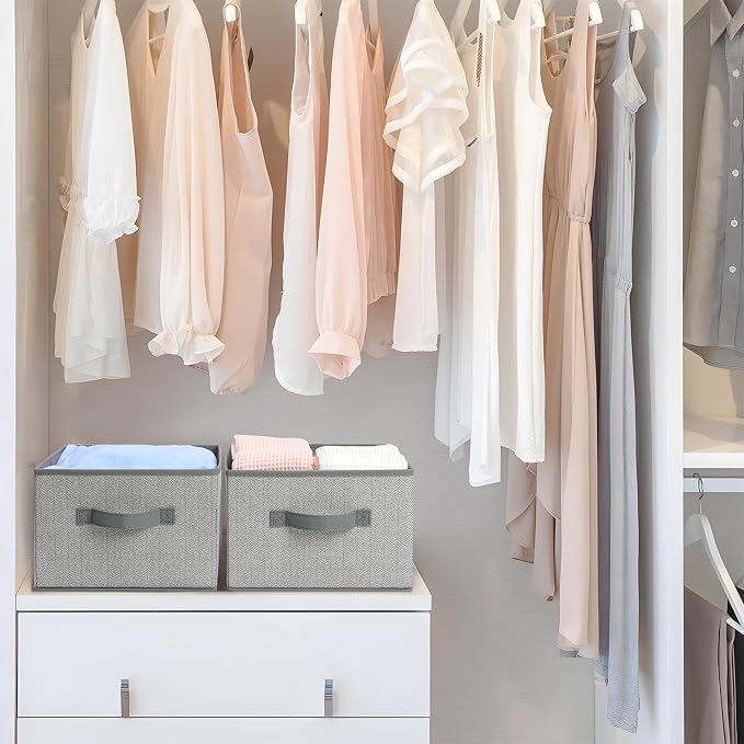 11 inch Storage Baskets, Woven Fabric Bins, Storage Cubes with Reinforced Handles, Organizer Bins for Closet Shelves, Foldable, for Clothes (Gray, 4PCS/11*11*7.8inch)