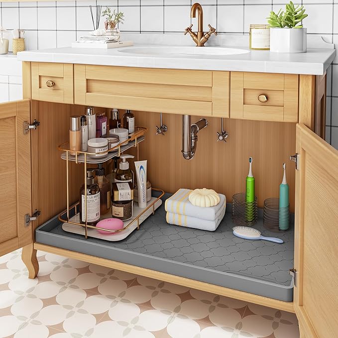 Jin&Bao Under Sink Mat 34" x 22" Waterproof Silicone Cabinet Kitchen Liner | Silicone kitchen cabinet protector, bathroom shelf liner, raised edge traps leaks, anti-slip, easy to clean & dishwasher safe