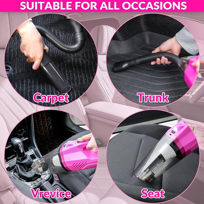 ThinkLearn Car Cleaning Kit with High Power Car Vacuum Detailing Kit | Cute Pink, 8000Pa Suction, 15ft Long Cord, 24piece Set, Interior Cleaning Deep Cleaning, Car Accessories Gift For Women