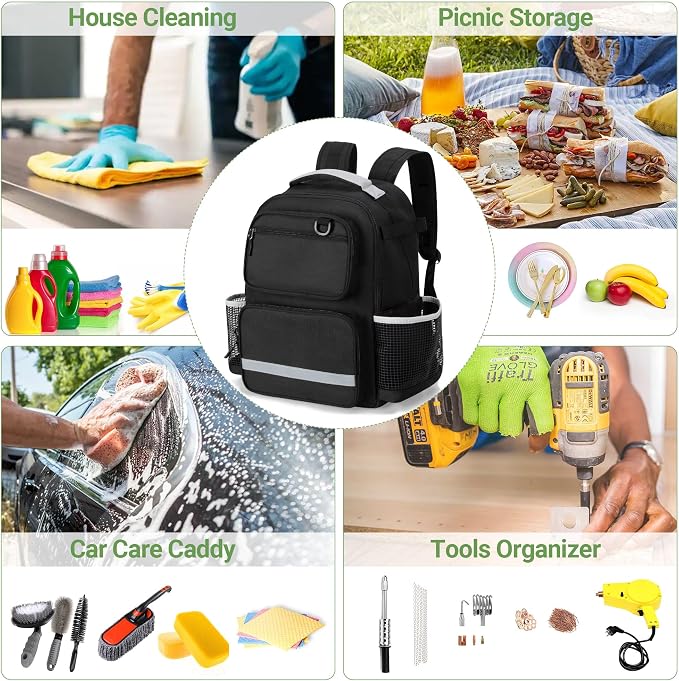 HODRANT Cleaning Backpack with Bottom Plate & Waterproof Bottom | Large Supplies Bag with Multiple Pockets for Housekeeping Tools, Cleaning Products Caddy Organizer for Home & Car, Bag Only
