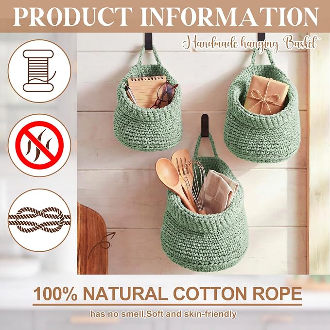 3 Hanging Baskets,Sage Green,Barrel,Cotton Rope | Wicker Wall Baskets with Hooks for Fruit Vegetable Onion Storage, Teardrop Organizer for Kitchen, Boho Farmhouse Decor