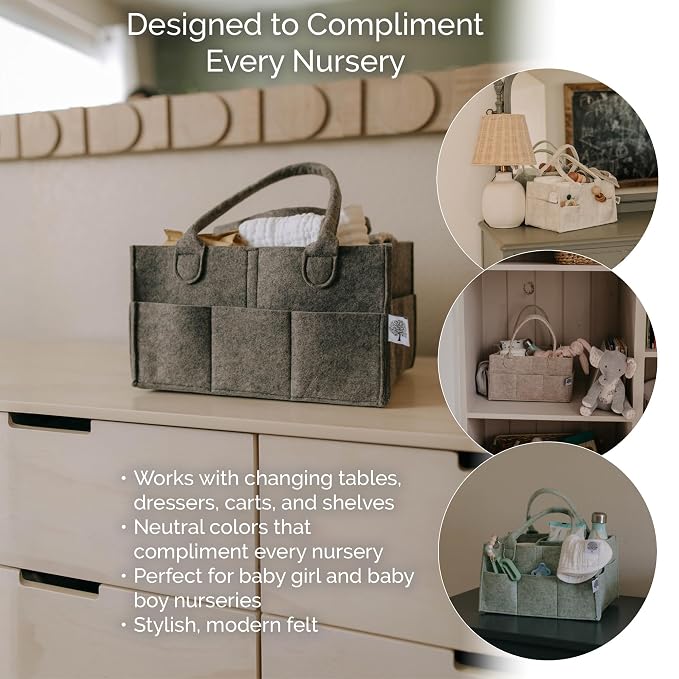 Parker Baby Co. Felt Diaper Caddy Organizer - Large, Charcoal | Portable nursery storage bin sorts diapers, wipes, bottles & baby essentials in home/car. Soft felt, foldable design 16x10x7"