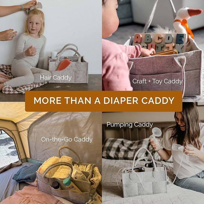 Parker Baby Co. Felt Diaper Caddy Organizer - Regular, Gray | Portable nursery storage bin for diapers, wipes, bottles & baby essentials for home/car. Soft felt, foldable design 13x9x7"