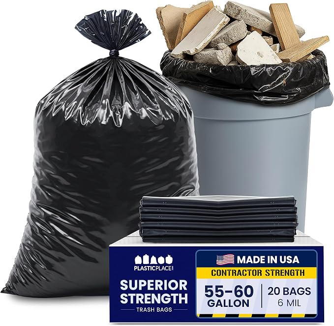 Plasticplace Contractor Garbage Bags: 55 Gallon Trash Bags Heavy Duty, Big Black Trash Bags, 36"x58", 6.0 Mil, Pack of 20
