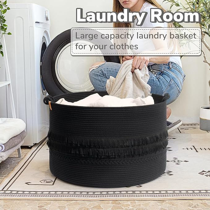 90L Large Woven Rope Blanket Basket with Tassel, 22" x 14", Black | Boho Basket for Toys, Clothes & Pillows Storage, Fits Bedroom Living Room Home Décor, Laundry Hamper with Knotted Handles