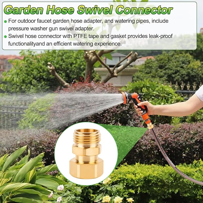 3/4 Garden Hose Swivel Connector 360° Female to Male Hose Adapter Brass | Garden Hose Swivel Adapter 3/4 Inch For Hose Nozzle Swivel Connector Fitting with Washer and PTFE Tape - 2 Pack