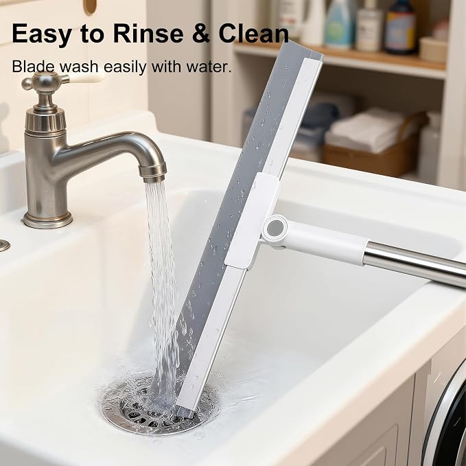 Floor Squeegee with 51"-58" Telescoping Handle & 180° Rotating Head, Water Removal for Tile & Hardwood, Under-Furniture Cleaning