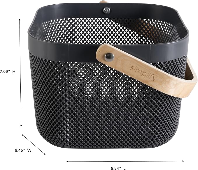Simplify Small Mesh Storage Basket with Wooden Handle | CHARCOAL Color | Plastic Organizer Bin | Pantry Organization | Cabinet Storage