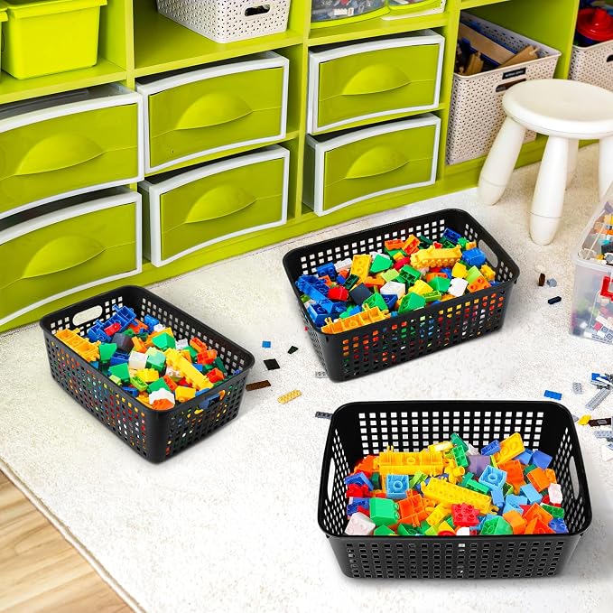 Lineshading 12 Pack Plastic Storage Baskets for Organizing, Black | 13 x 10'' Large Plastic Storage Baskets Bins with Grip Handles, Stackable Mesh for Cabinets, Desktops, Shelves, Home & Office