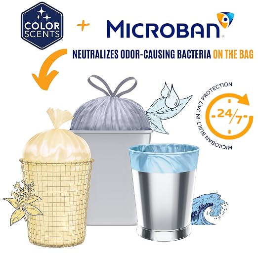 Color Scents Small Trash Bags - 4 Gallon, 200 Bags (2 Pack of 200 Count), Drawstring - Silver Bag in Simply Clean Scent with Microban