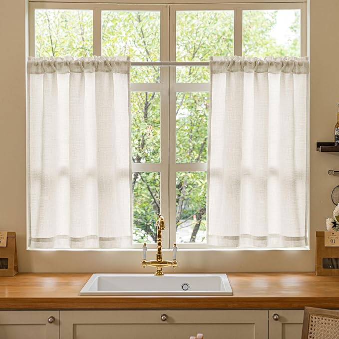 Natural Linen Cafe Short Curtains 30 Inch Length 2 Panels Semi Sheer | 2 Panels, Light Filtering Privacy, Small Curtain, for Kitchen Bathroom Basement, Rod Pocket, Boho, Cream Drapes, W34xL30