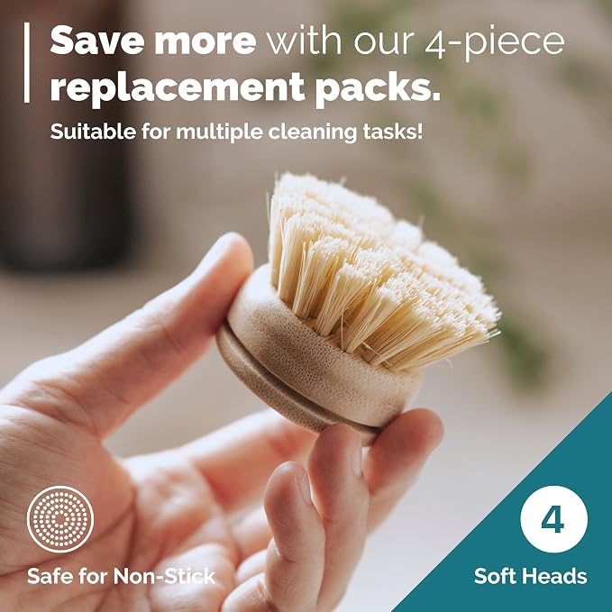 JUNGLE CULTURE Soft Replacement Dish Brush Heads • 4 Pack Sisal Refills | Non Toxic Plastic Free Kitchen Brushes for Pots, Pans, Cast Iron, Jars & Vegetables • Natural Fiber Bristles
