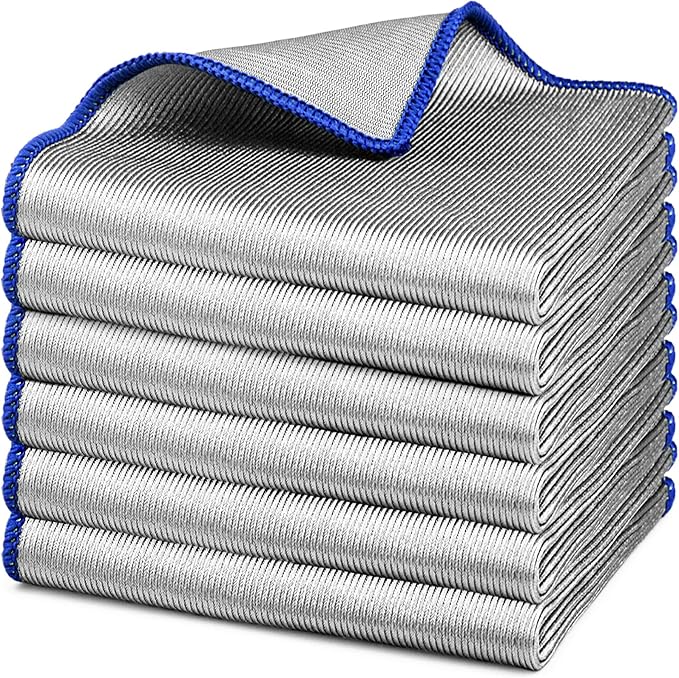 Microfiber Cleaning Cloth Lint Free Glass Polish, Silver-Blue | Absorbent Lint Free Rags, Quick Dry, Streak Free, Glass Cleaner For Household Bathroom, Auto Detailing, 12 x12 in, 6 Pcak