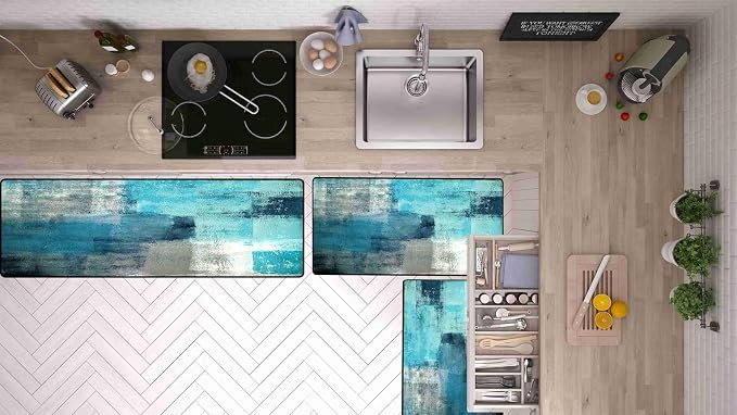 TOMWISH Teal Grey Abstract Art Kitchen Mat Turquoise Kitchen Rugs Sets 3PCS | 20"X32"+20"X48"+20"X59"Kitchen Mats for Floor Washable Non-Slip Kitchen Floor Mats Decor Dining Room Office