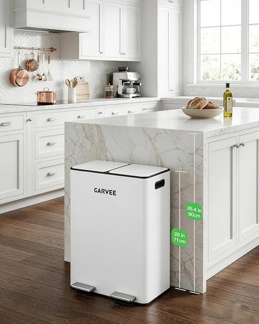 Garvee 16 Gal Dual Compartment Stainless Steel Trash Can with Inner Buckets | White Step Pedal Trash Can, Heavy Duty Recycling Bin with Lid & Step Pedal, for Kitchen, Office, Home, Commercial Use