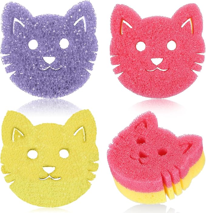 FillTouch Cat 3 Pcs Scrub Sponge, Pink, Yellow, Purple | Soft Non-scratch Cat Sponge, Dual Sided, Temperature Sensitive, Easy Clean, Multi Functional Sponge for Kitchen, Bathroom