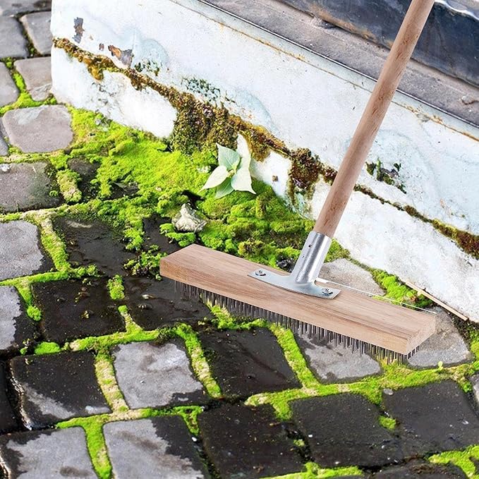 GINGER TECH Wire Broom Head, Garden Stiff Metal Bristle Deck Scrub Brush, Garden Weed Moss Remover Tool Broom for Heavy Duty Weed Moss & Algae on Shower Wall Garage Yard Patio (With 53inc Handle)