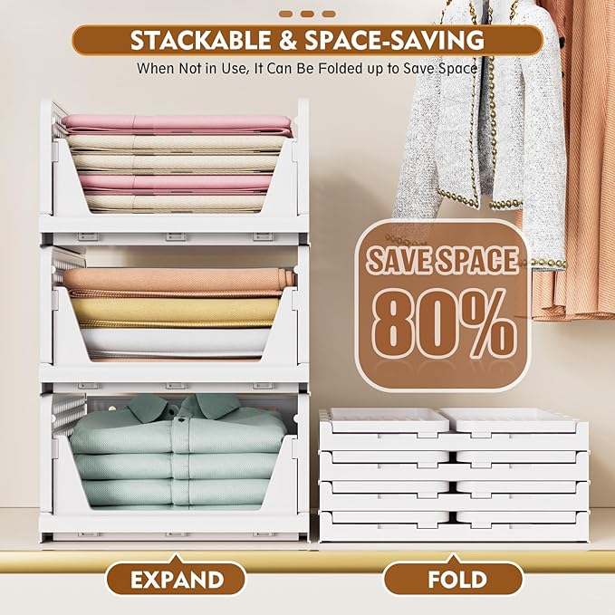 SNSLXH 5 Pack Closet Organizer Basket, Closet Organizers and Storage, Green | Stackable & Foldable Closet Storage Bins for Bathroom Laundry Room Wardrobe Storage, Space-Saving Clothes Drawer Organizer