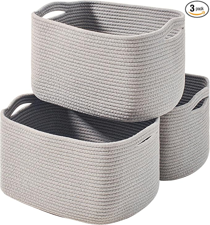 ICERZCZ Storage Baskets for Organizing Shelves, Woven Cotton Rope Bins for Baby Nursery Organization, Book Toy Towel Organizer, 15"x11"x9.5", 3 Packs, Grey