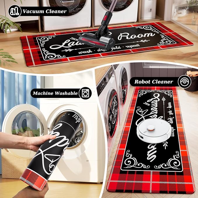 Non-Slip Laundry Room Rug Runner for Christmas Decor 17.3"x47.2" Washable - Bathroom Mudroom Kitchen Mat for Farmhouse Entryway Christmas Decor Christmas Red Buffalo Plaid