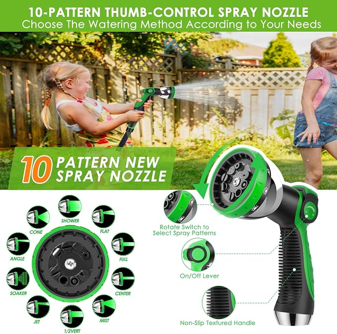 Garden Hose 50 ft, Non-Expandable Ultra-Lightweight Flexible Hose with 360° Dual-End Anti-Kink Design, 10-Pattern Spray Nozzle, 500 PSI Leak-Proof, 96-Strand Braided Fabric, Storage Strap