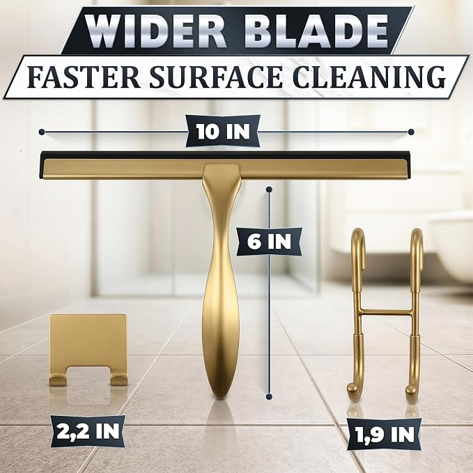Stainless Steel Shower Squeegee, Glass, Silicone, 10 Inch (Gold) | Shower Door Squeegee with Silicone Blade, Adhesive & Hanging Hooks for Mirror, Tile, Window, Car, Multi-Surface Everyday Use