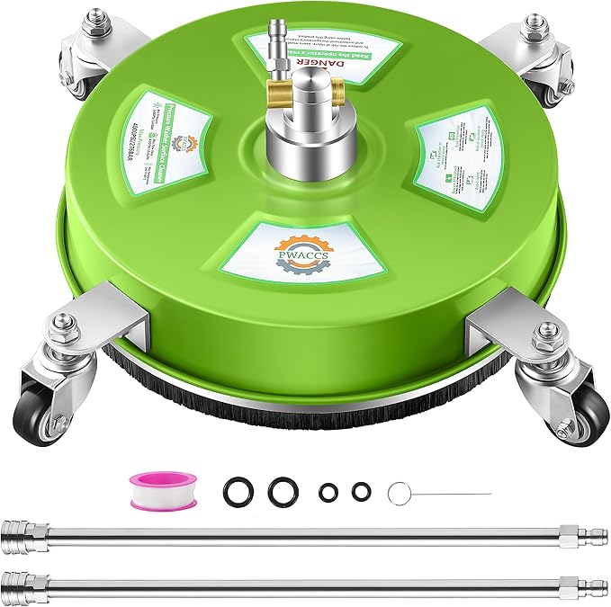 PWACCS 14" Pressure Washer Surface Cleaner with Wheels, Stainless Steel | Power Washer Attachment with Extension wands, For Driveways, Patios, Sidewalks, Decks, 1/4" Quick Connect, Green