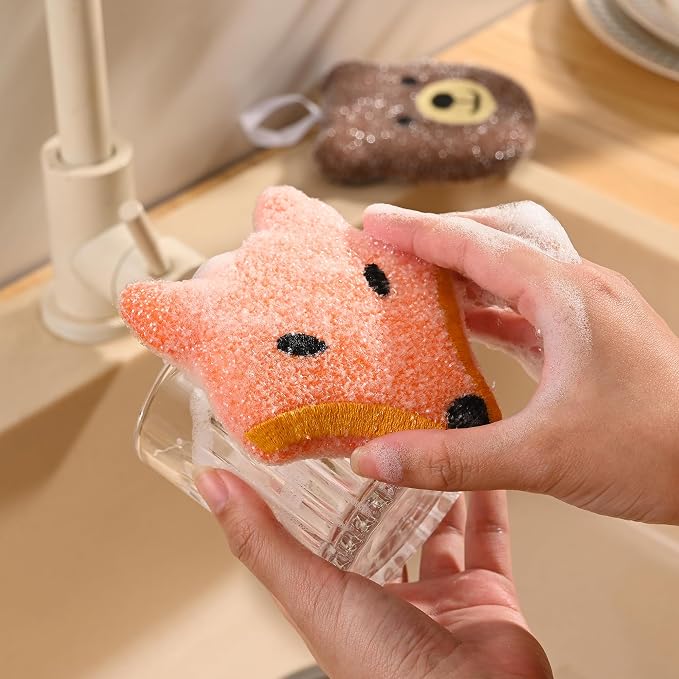 Fox Run Woodland Animal Sponge Set, Non-Abrasive Fox, Owl & Bear Scrubbers | Easily Clean Plates, Pots & Glasses | Dish Sponges For Nonstick Pans | Cute Kitchen Décor | Reusable Animal Scrub Sponge Set