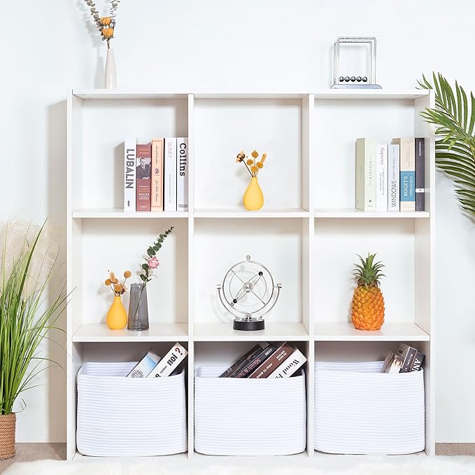 MINTWOOD Design 3-Pack Decorative Woven Storage Baskets for Shelves, Cube Bin Box for Organizing Books, Shoes, Dog Toys, Pantry Closet and Living Room Organizer, Full White