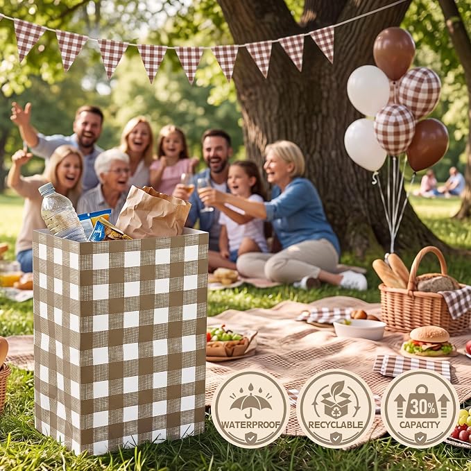 Tinlade 6 Pack Disposable Trash Cans for Parties 13 Gallon Pop up Trash Cans Large Collapsible Garbage Bins Thick Foldable Recycling Bin for Holiday Party Gatherings, Khaki Plaid