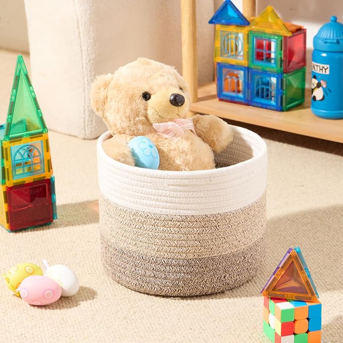 MiniArk Small Basket for Organizing | Cube Shelf Closet Storage Baskets | 9.7×9.7×7.1” | Woven Rope Gift Basket | Nursery | Round 3 Packs Gradient Brown