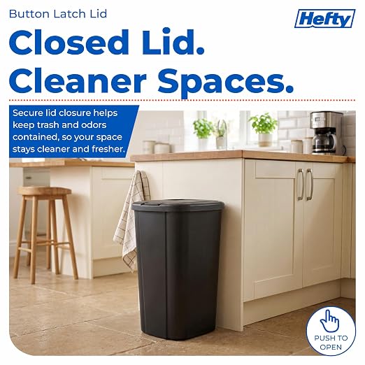 Hefty 13.3 Gallon Trash Can with Lid, Plastic Garbage Can Touch Button, Kitchen Waste Basket for Home Office, Large Capacity Trash Bin, 4 Pack, Black