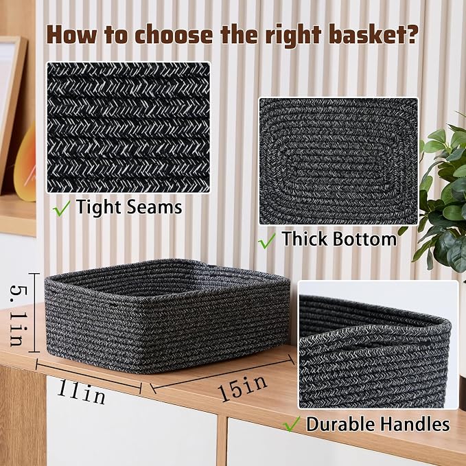 MiniArk Large Shallow Organizing Baskets 15x11x5.1 Inches - Rope Woven Storage Bins for Bathroom, Shelves, Cube Closet, Mixed Black 2 Packs