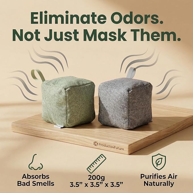 4 pack Naturally Activated Bamboo Charcoal Air Purifying Bags | Natural Home Deodorizer Bag | Charcoal Bag Odor Absorber For Pets | Odor Eliminator & Moisture Absorber Air Freshener Bag (200g Cube)