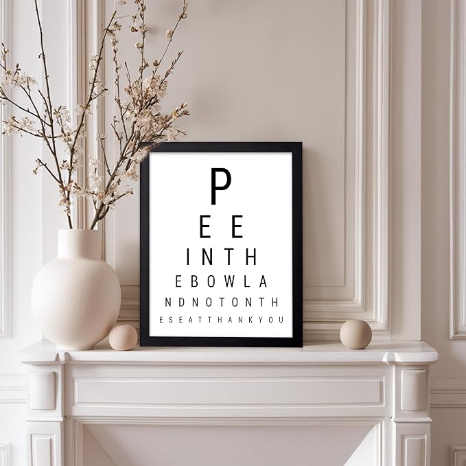 Poster Master 2-Piece Bathroom Sign Print - Eye Chart & Rules Poster - Humorous Guest Bath Decor - Minimal Typography Design - Powder Room Decor - Funny Restroom Sign - 8x10 Black Framed