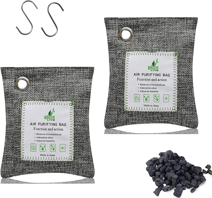 Bamboo Charcoal Bags Odor Absorber, 100g, 2 Packs, with Steel Hooks | Charcoal Deodorizer Bags with Hooks, Nature Bamboo Charcoals Air Purifying Bags, Activated Charcoals Odor Absorbers