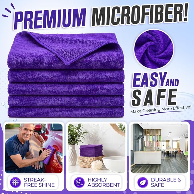Nuenen Microfiber Cleaning Cloths for Cars Ultra Absorbent Car Towels Drying Reusable Cleaning Supplies House Kitchen Window Microfiber Towel (12 x 12 Inch, Purple, 60 Pcs)