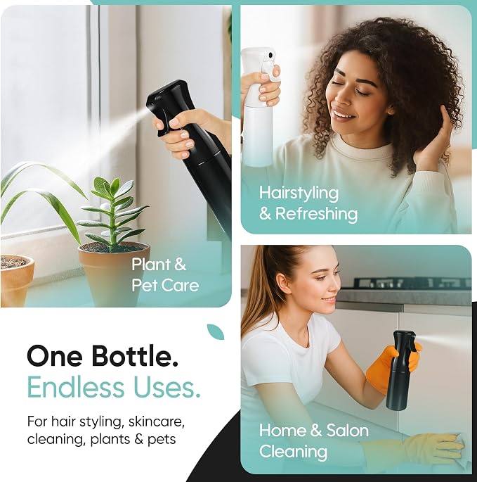Aquableu Spray Bottle for Hair – Continuous Mist Spray Bottle for Hair Care, Styling, Cleaning, Plants, Pets & Essential Oils (Variety Pack of 2 - Black & White, 6.76oz/200ml)