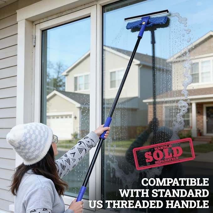 2-in-1 Window Squeegee Cleaning Combo | Glass Cleaner Tool for Commercial and Residential Use, 2 Reusable 12” Sleeves and 14” Blade
