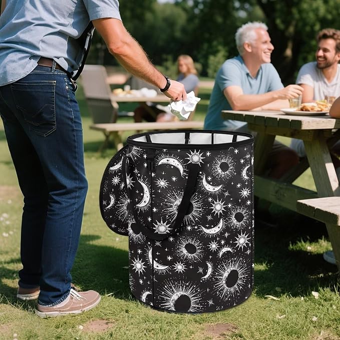 Gothic Sun Moon Pop up Outdoor Garbage Can 24 Gallon Collapsible Camping Trash Can with Zipper Lid Reusable Heavy-Duty Polyester Trash Bin for Campsites Boat Backyard Parties