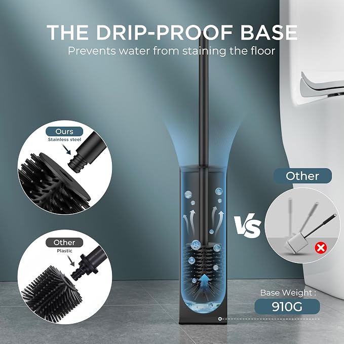 FORIOUS Stainless Steel Toilet Bowl Brush Scrubber and Holder Set Tall | Black, Extended Handle, Removable Inner Bowl, Stable Splash Guard, Steel Joint, Scratch‑Resistant Bristles, for Bathroom RV