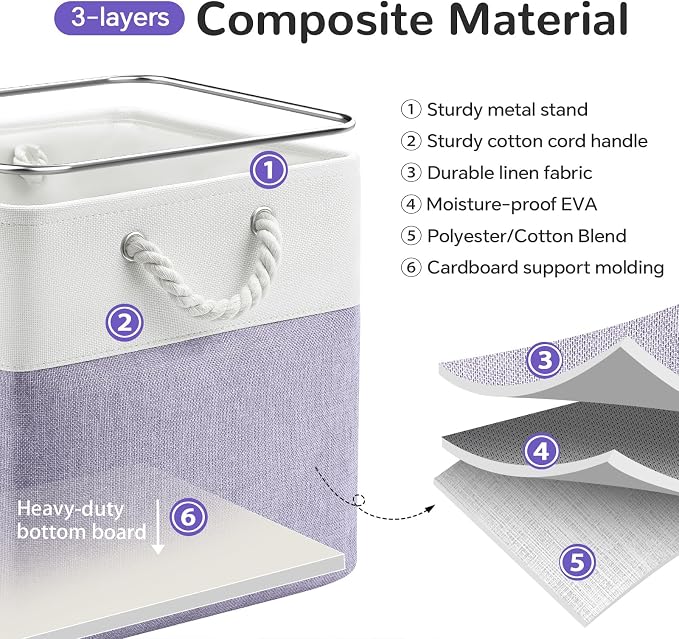 13x13 Inch Foldable Fabric Cube Storage Bins with Handles 6 Pack | Sturdy Metal Strand, Cardboard Support Molding, Storage Basket, Cube Storage Bin for Shelves, Closet, Bedroom, White/Purple