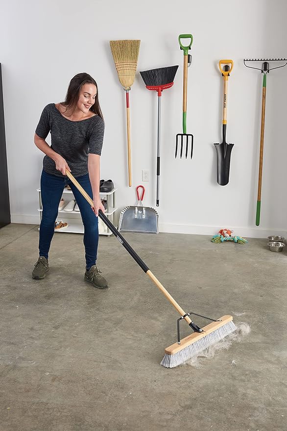 Harper 24 Inch Indoor Smooth-Surface Push Broom with Flagged Bristles for Sand, Saw Dust, Wood Shavings and Pet Hair in Garages, Warehouses, and Workshops