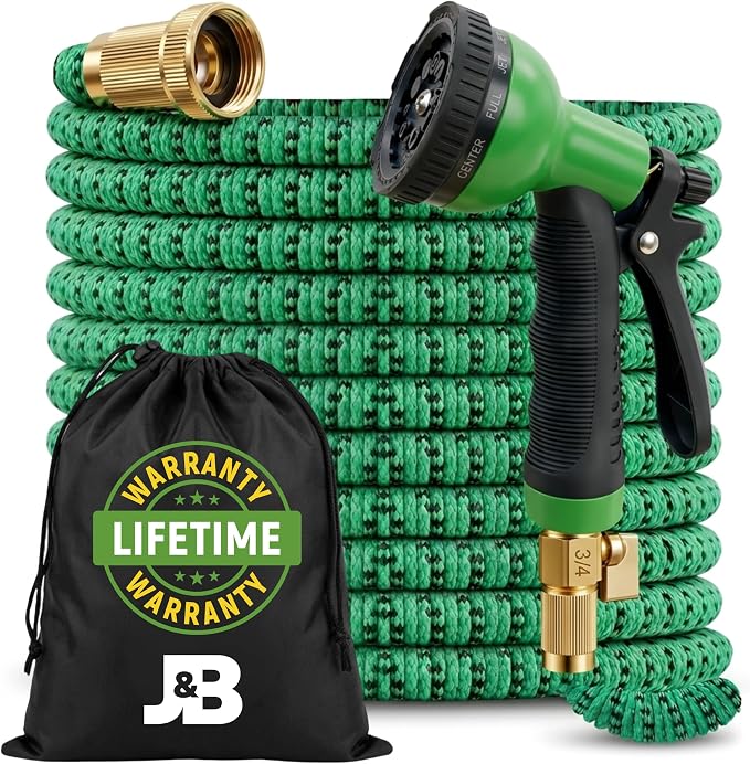J&B XpandaHose 100ft Expandable Garden Hose, Lightweight, Brass Connectors | Ultra Strong 3750D fabric, 4-layer latex core, expands 3X, kink & leak-resistant, 10-pattern nozzle, storage bag